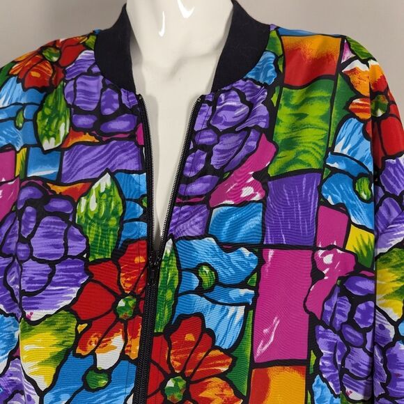 Vintage 90s Floral Bomber Jacket Large Colorblock Poppy Print Zip Up - Picture 7 of 10